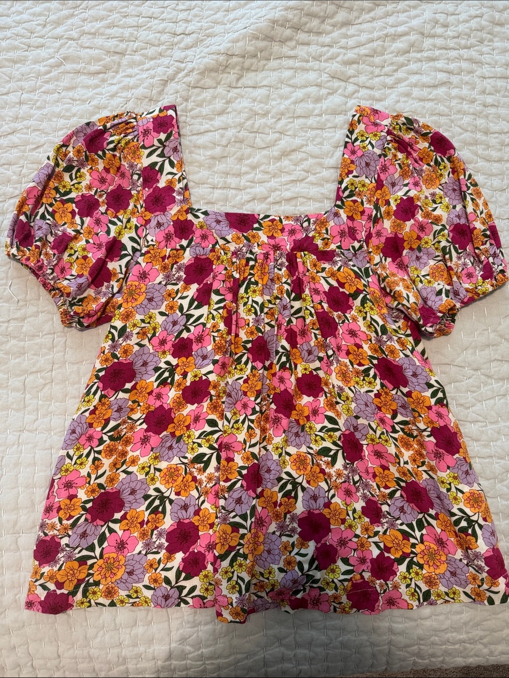 Draper James Pink Multi Floral Square Neck Puff Sleeve Top